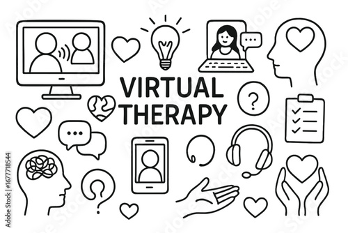 Virtual Therapy Icons. Virtual therapy doodle set: hand drawn icons for online counseling, support, and mental care, isolated