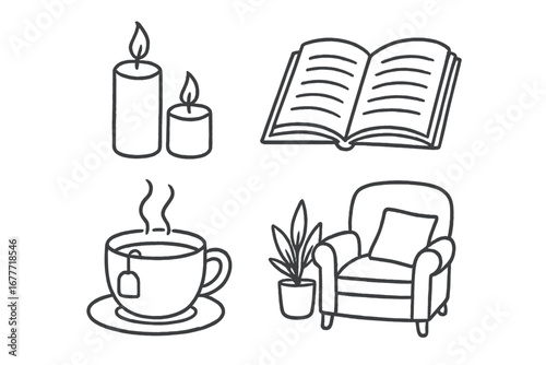 Calm Doodle Set. Mom’s quiet time doodle set: hand drawn icons for candles, reading, herbal tea, and calm corners, isolated
