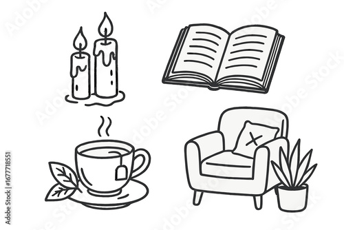 Calm Doodle Set. Mom’s quiet time doodle set: hand drawn icons for candles, reading, herbal tea, and calm corners, isolated
