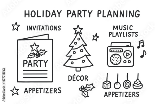 Holiday Party Doodles. Holiday party planning doodle set: hand drawn icons for invitations, décor, music playlists, and appetizers