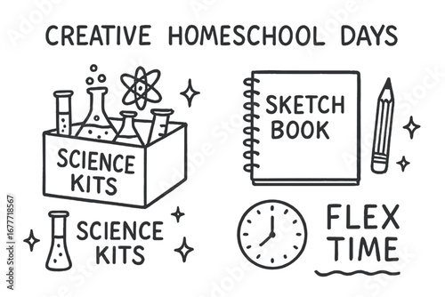 Homeschool Doodle Set. Creative homeschool days doodle set: hand drawn icons for science kits, sketchbooks, and flex time,