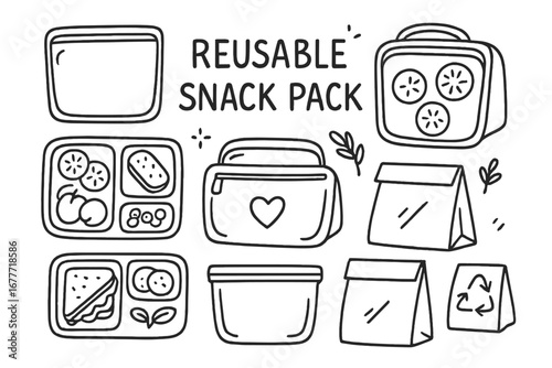Eco Snack Pack Icons. Reusable snack pack doodle set: hand drawn icons for silicone bags, lunch kits, and eco packaging, isolated