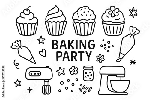 Baking Party Icons. Baking party doodle set: hand drawn icons for cupcakes, frosting bags, toppings, and mixers, isolated