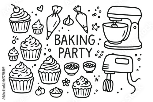 Baking Party Icons. Baking party doodle set: hand drawn icons for cupcakes, frosting bags, toppings, and mixers, isolated