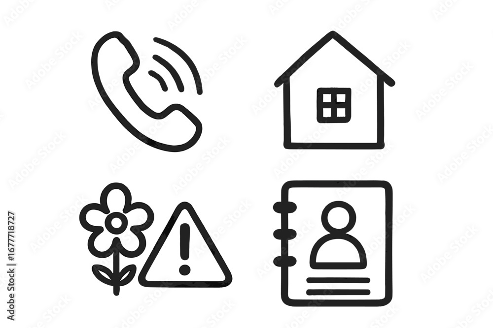 Obraz premium Emergency Contact Doodles. Kids emergency contact card doodle set: hand drawn icons for phone icon, address, allergy alert, and