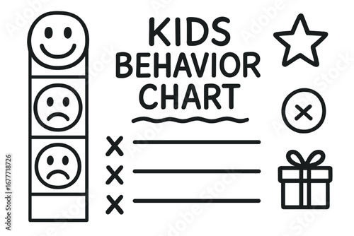 Kids Behavior Chart Icons. Kids behavior chart doodle set: hand drawn icons for smiley faces, consequence rows, and goal rewards,