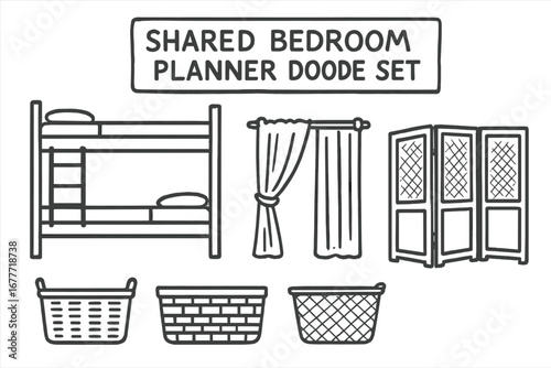 Shared Bedroom Doodles. Shared bedroom planner doodle set: hand drawn icons for loft beds, storage baskets, curtains, and wall