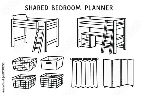 Shared Bedroom Doodles. Shared bedroom planner doodle set: hand drawn icons for loft beds, storage baskets, curtains, and wall
