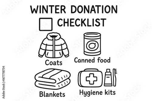 Winter Donation Doodles. Winter donation checklist doodle set: hand drawn icons for coats, canned food, blankets, and hygiene kits