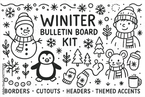 Winter Doodle Set. Winter bulletin board kit doodle set: hand drawn icons for borders, cutouts, headers, and themed accents,