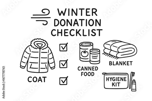 Winter Donation Doodles. Winter donation checklist doodle set: hand drawn icons for coats, canned food, blankets, and hygiene kits