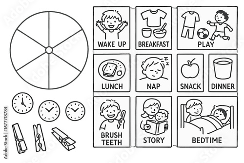 Kids Rhythm Wheel. Kids daily rhythm wheel doodle set: hand drawn icons for time segments, picture cards, and clothespins,