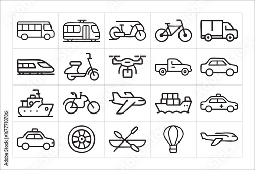 Collection of hand drawn transportation icons in black and white
