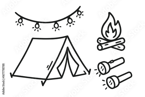 Indoor Kid's Camping Adventure. Indoor camping for kids doodle set: hand drawn icons for play tent, string lights, pretend fire,