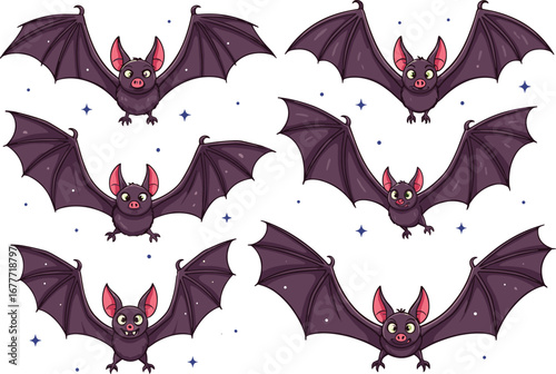 Cartoon bats flying at night, cute vampire animals, spooky Halloween illustration, nocturnal wildlife drawing, fantasy character art design