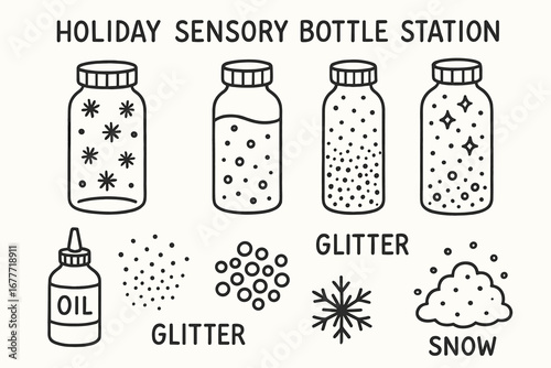 Sensory Bottle Doodles. Holiday sensory bottle station doodle set: hand drawn icons for bottles, oil, glitter, beads, and snow