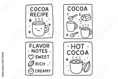 Cocoa Recipe Doodle Set. Printable cocoa recipe mini book doodle set: hand drawn icons for mix steps, illustrations, flavor notes,