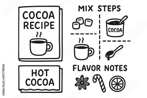 Cocoa Recipe Doodle Set. Printable cocoa recipe mini book doodle set: hand drawn icons for mix steps, illustrations, flavor notes,
