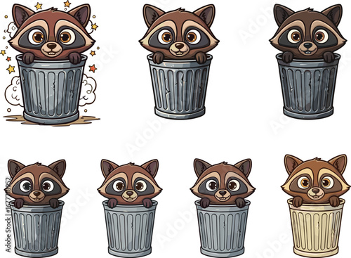 Cute cartoon raccoons inside trash cans, funny animal illustration, wildlife characters, adorable dumpster animals, playful nature artwork design