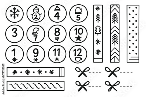 Winter Countdown Doodle Set. Printable winter countdown chain doodle set: hand drawn icons for number tags, decorative links, and