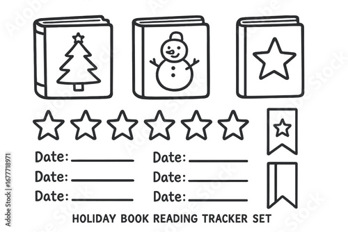 Kids' Reading Tracker. Holiday book reading tracker for kids doodle set: hand drawn icons for book covers, progress stars, date