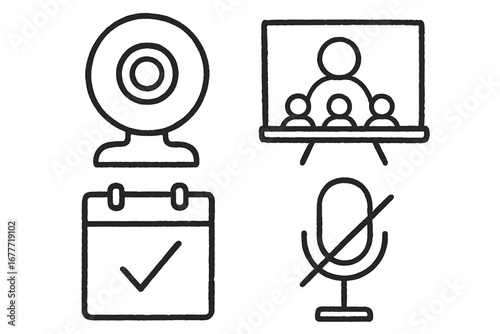 Hybrid Meeting Icons. Hybrid meeting setup doodle set: hand drawn icons for webcams, smart boards, calendar invites, and mute