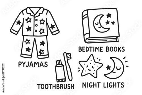 Kids Bedtime Icons. Kids bedtime routine doodle set: hand drawn icons for pajamas, bedtime books, toothbrushes, and night lights,