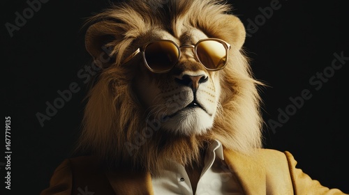 A stylish lion wearing sunglasses and a suit, exuding confidence and sophistication against a dark background.