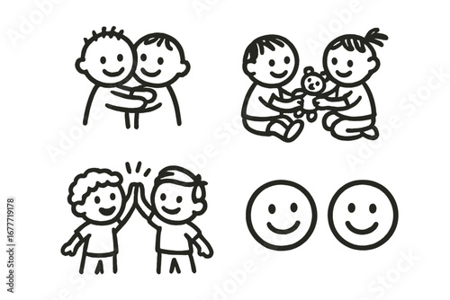 Preschool Friendship Doodles. Preschool friendship icons doodle set: hand drawn icons for hugging kids, shared toys, high fives,