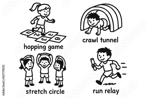Kids Activity Doodle. Kids physical activity doodle set: hand drawn icons for hopping game, crawl tunnel, stretch circle, and run
