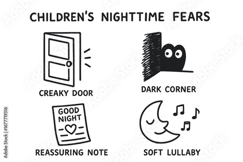 Nighttime Comfort Doodles. Children’s nighttime fears doodle set: hand drawn icons for creaky door, dark corner, reassuring note,