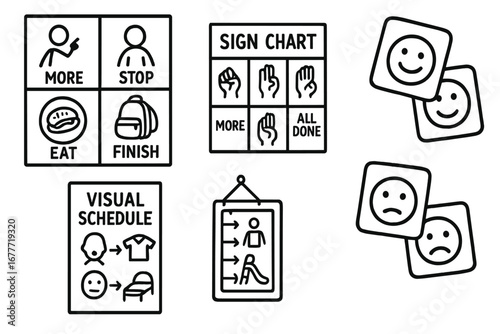 Inclusive School Doodles. Inclusive school communication doodle set: hand drawn icons for PECS icons, sign chart, visual schedule,