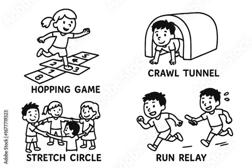 Kids Activity Doodle. Kids physical activity doodle set: hand drawn icons for hopping game, crawl tunnel, stretch circle, and run