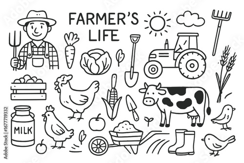 Farm Life Doodles. Farmer’s life doodle set: hand drawn icons for rural routines, tools, animals, and seasonal chores, isolated