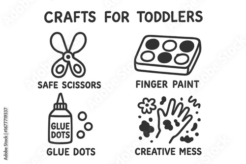 Toddler Craft Supplies. Crafts for toddlers doodle set: hand drawn icons for safe scissors, finger paint, glue dots, and creative