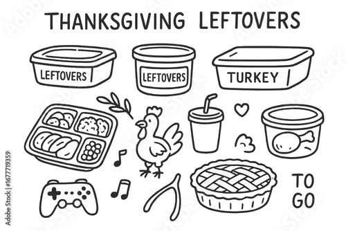 Thanksgiving Leftovers Icons. Thanksgiving leftovers doodle set: hand drawn icons for packed meals, food containers, and
