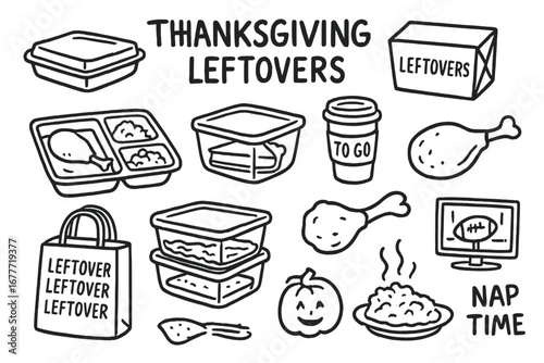 Thanksgiving Leftovers Icons. Thanksgiving leftovers doodle set: hand drawn icons for packed meals, food containers, and