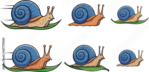 Cartoon blue snail illustration, cute garden snail drawing, fantasy animal artwork, nature character design, decorative spiral shell image