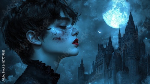 A haunting portrait of a girl against a mystical castle backdrop, featuring a full moon and a dark, atmospheric color palette.
