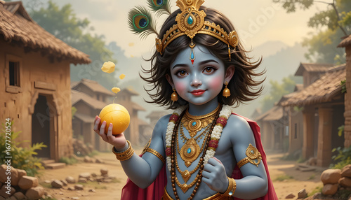 Little Krishna in Ancient Village – Devotional Scene