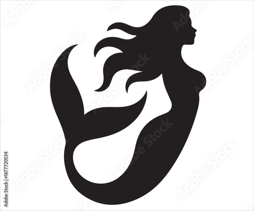 Mermaid silhouette fantasy vector illustration with flowing hair