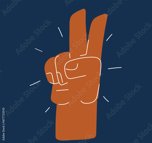 Cartoon vector illustration of a hand with two fingers raised, symbolizing victory, peace, and positive gesture