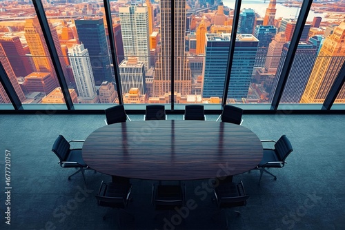 Large conference table with chairs in a meeting room in the high-rise office building, view of the skyline