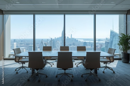 Large conference table with chairs in a meeting room in the high-rise office building, view of the skyline