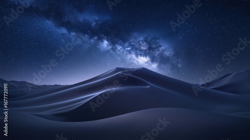 A serene desert landscape under a starry night sky, showcasing rolling sand dunes illuminated by the Milky Way.