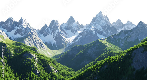 Lush green mountain valley with jagged, snowdusted peaks in the distance under a clear blue sky isolated on transparent background