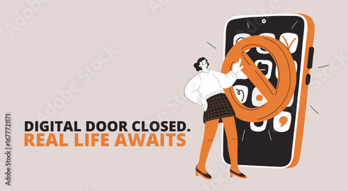 Vector illustration of a woman unable to use phone, symbolizing digital pause, screen break, and tech disconnection