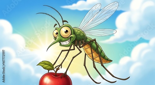 Happy Cartoon Mosquito Flying with a Red Apple.