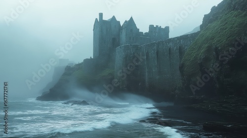 A misty coastline featuring an ancient castle perched on cliffs, surrounded by crashing waves and a dramatic, atmospheric sky.