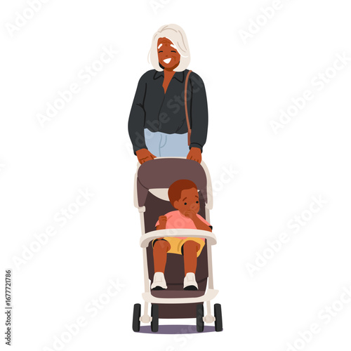 Happy grey-haired grandmother strolling toddler grandchild in pram isolated on white background